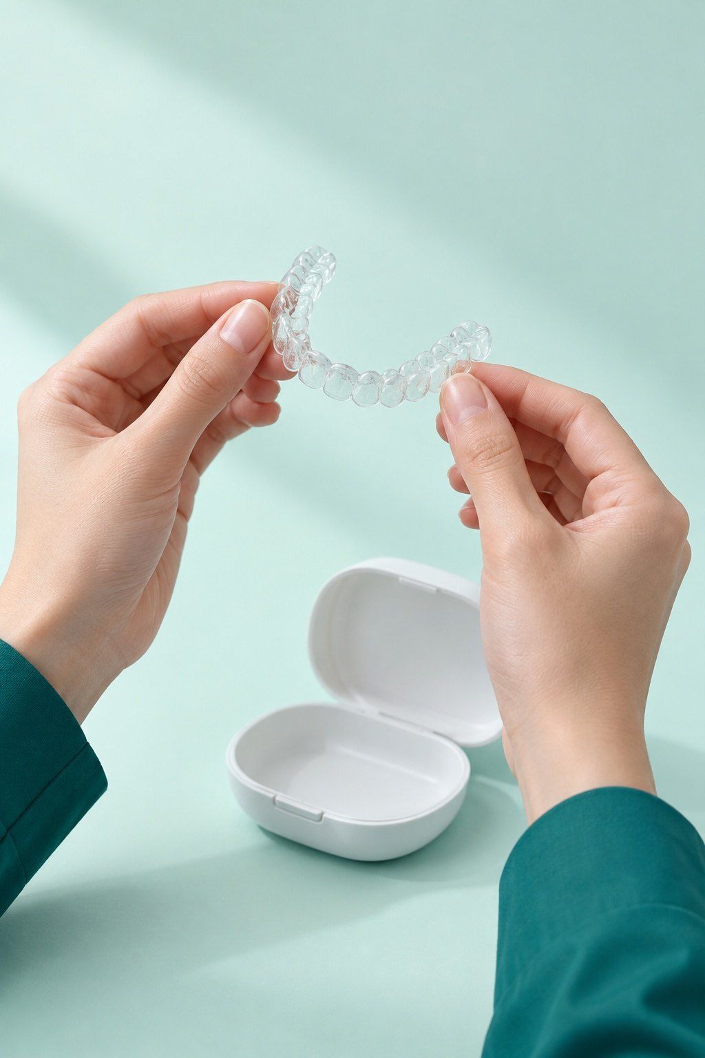 Two hands holding a clear aligner tray against a soft mint background