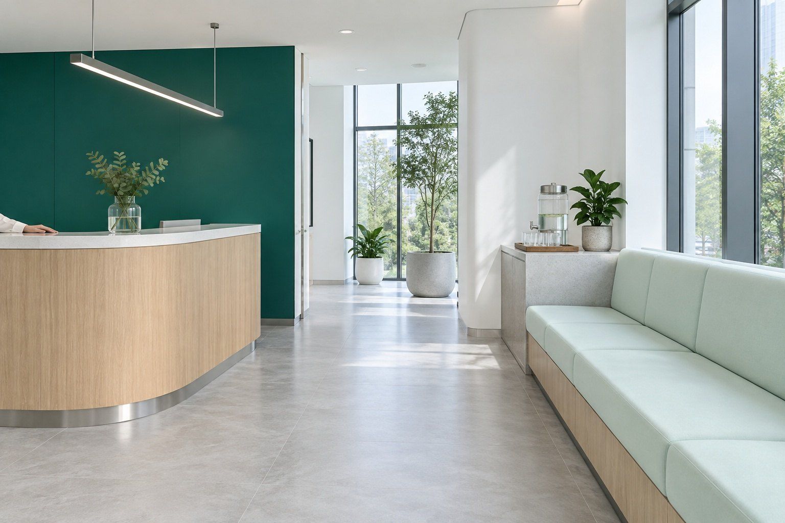 Bright reception area with a pale wood counter, mint upholstered bench and daylight from tall windows