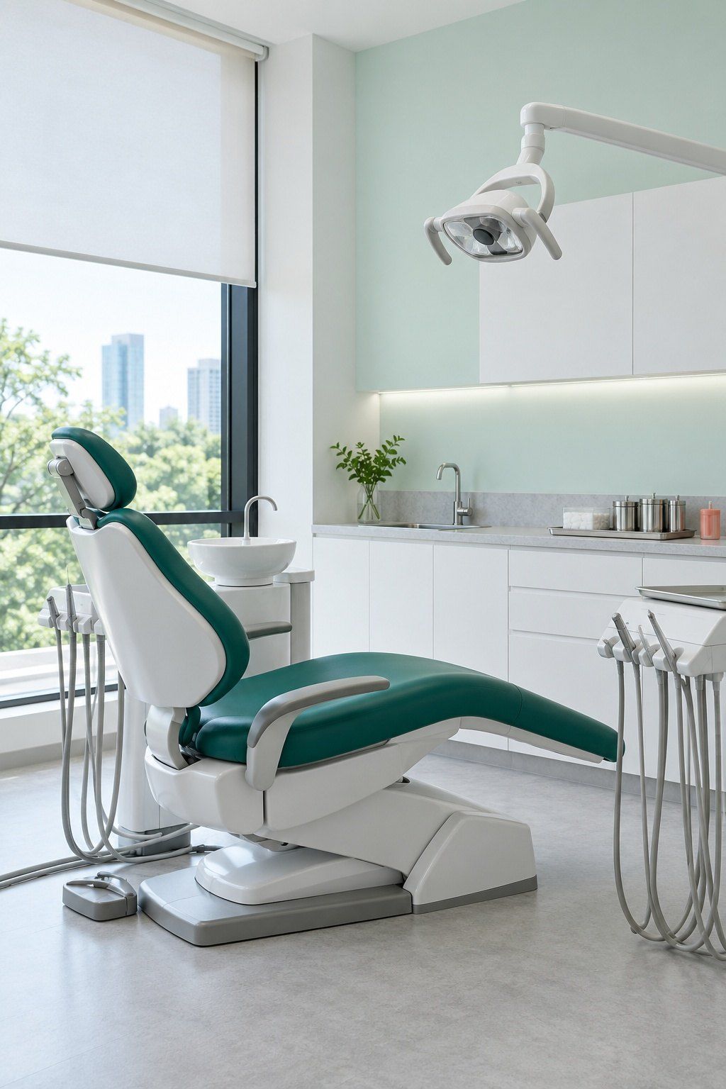 Quiet treatment room with a modern dental chair beside a window, soft daylight on pale mint walls